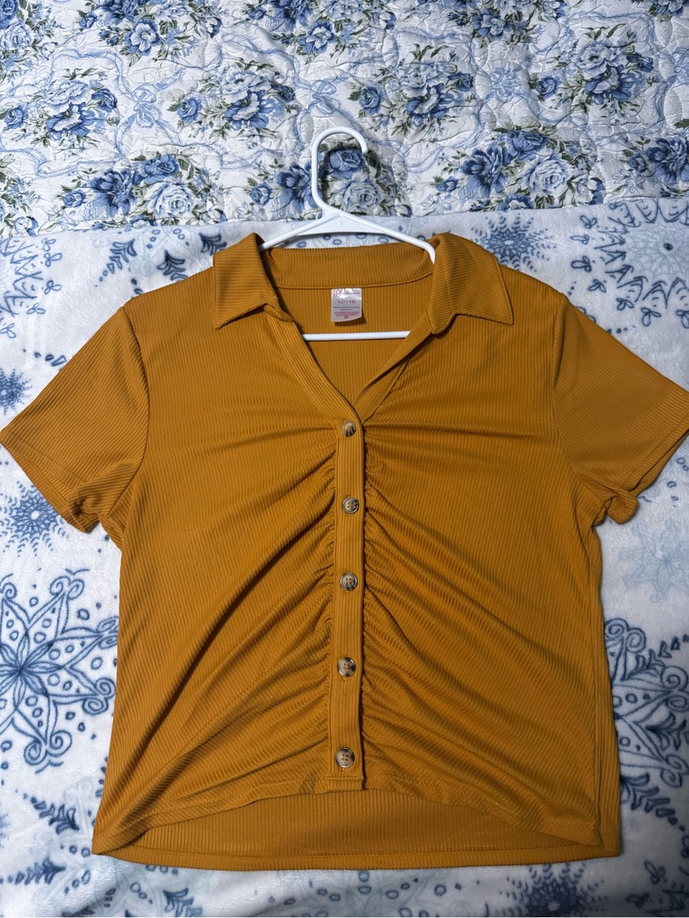No Boundaries Mustard Short-Sleeve Button Front Ruched Top